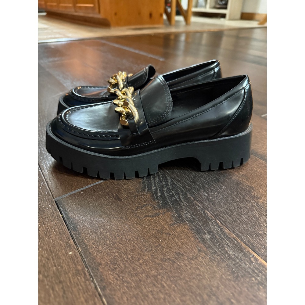 Guess Platform Lug Sole Loafers 7.5 Black Gold Chain Chunky Slip On Shoes retro